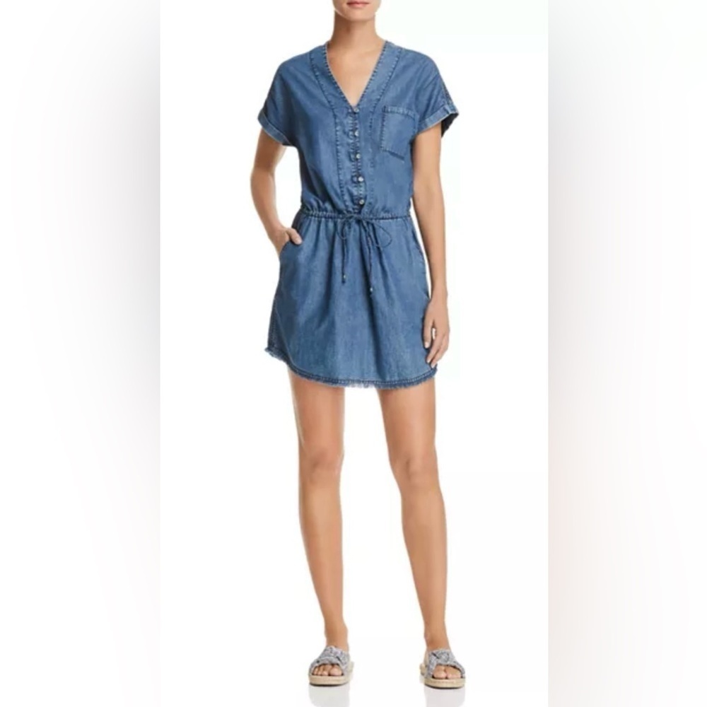 PAIGE Haidee blue cottn/tencel blnd chmbry frng hem mini drss SZ S coastal